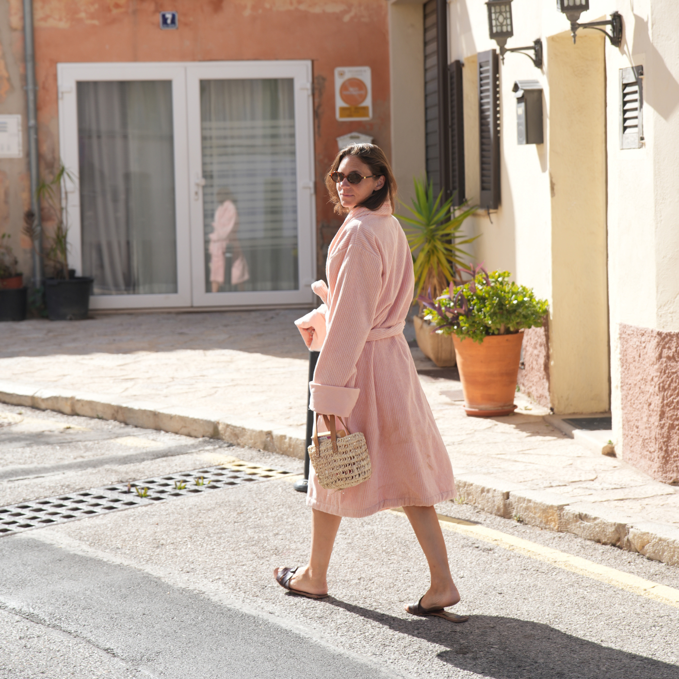 The Finca Bathrobe -  Striped Corral Pink