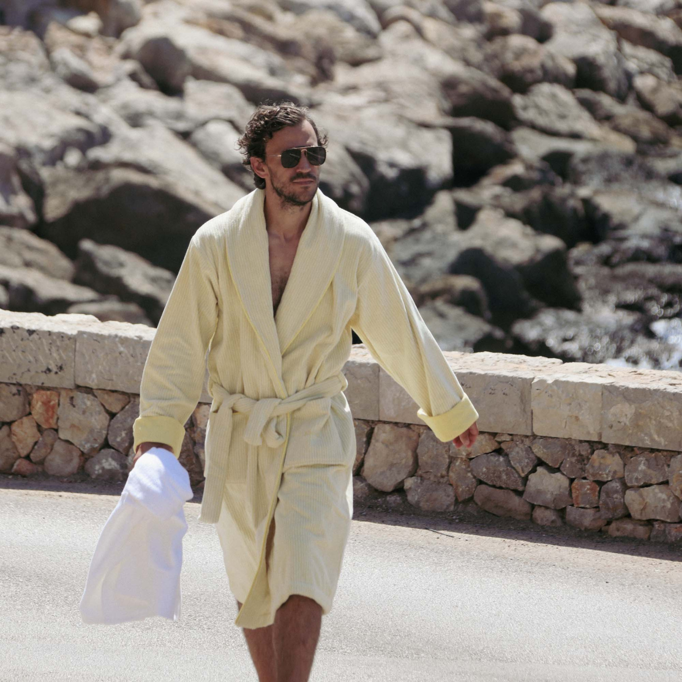 The Finca Bathrobe - Striped Lemon Yellow