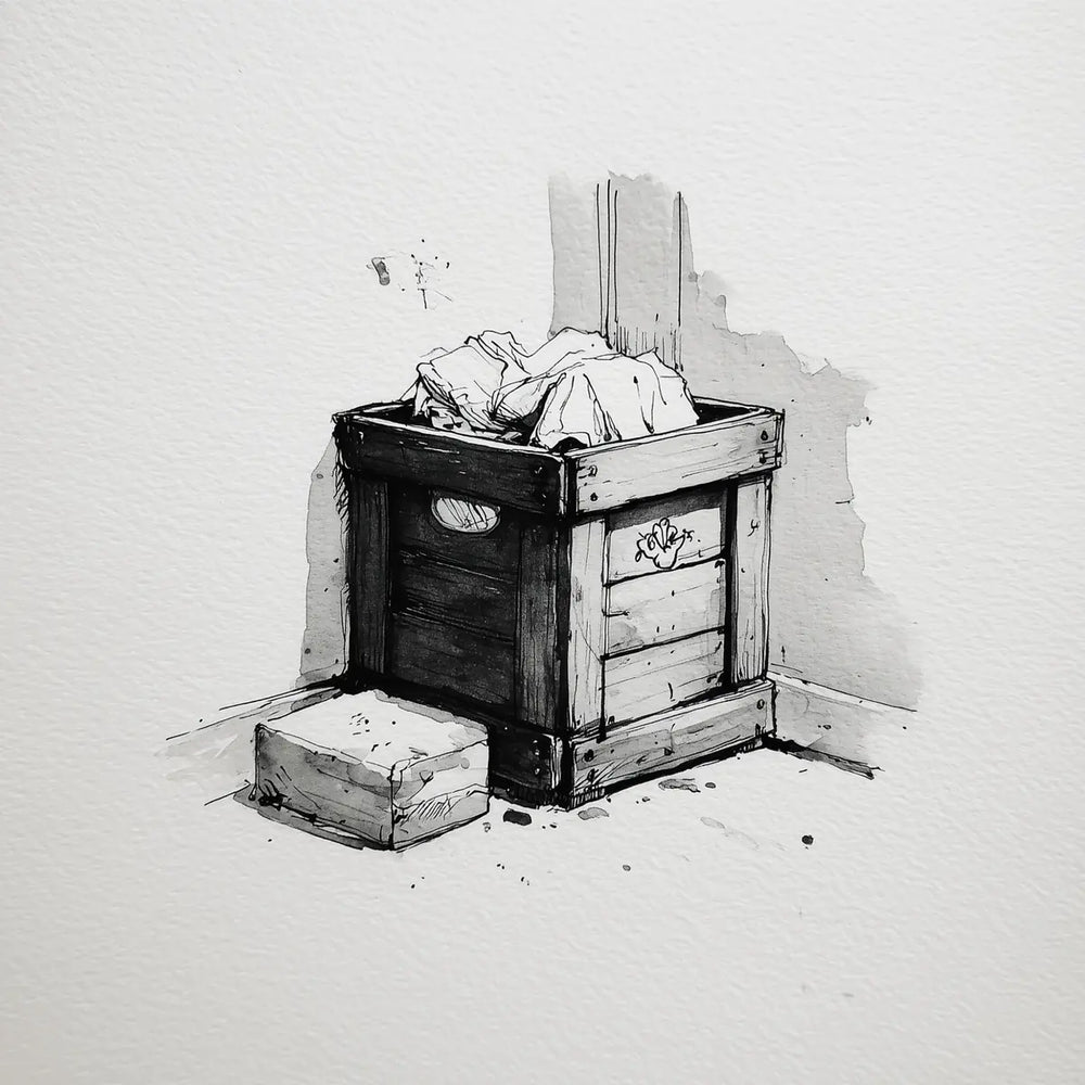 Wooden laundry crate with linen and a bar of soap, illustration