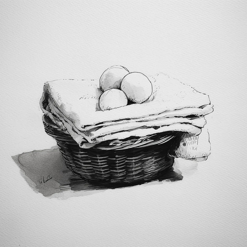 Three wool dryer balls in a wicker basket with terry towels, illustration