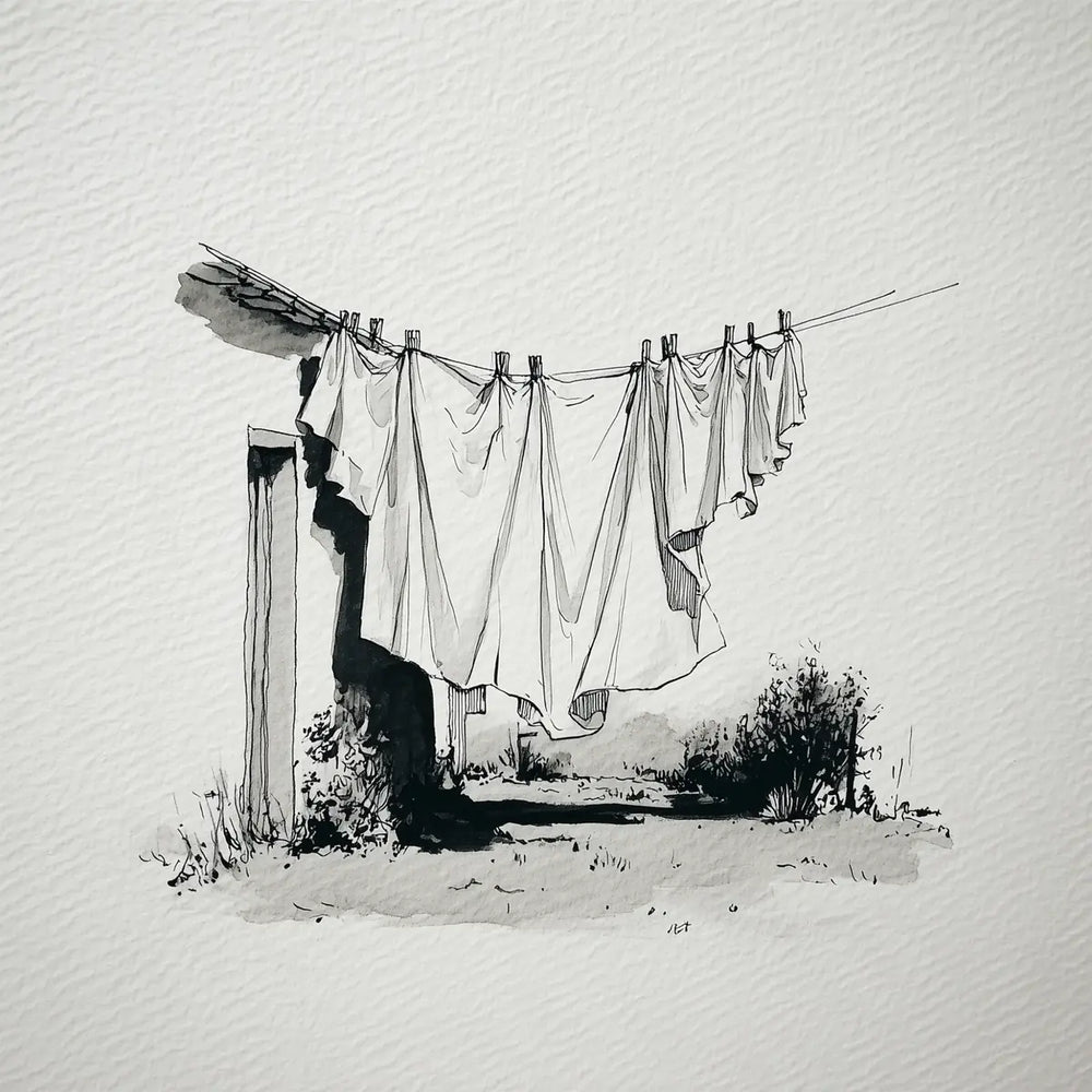 Clothesline with sheets and clothespins, illustration