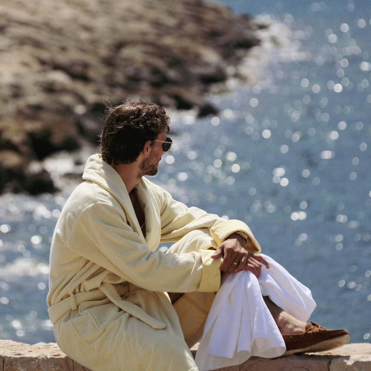 The Finca Bathrobe - Striped Lemon Yellow