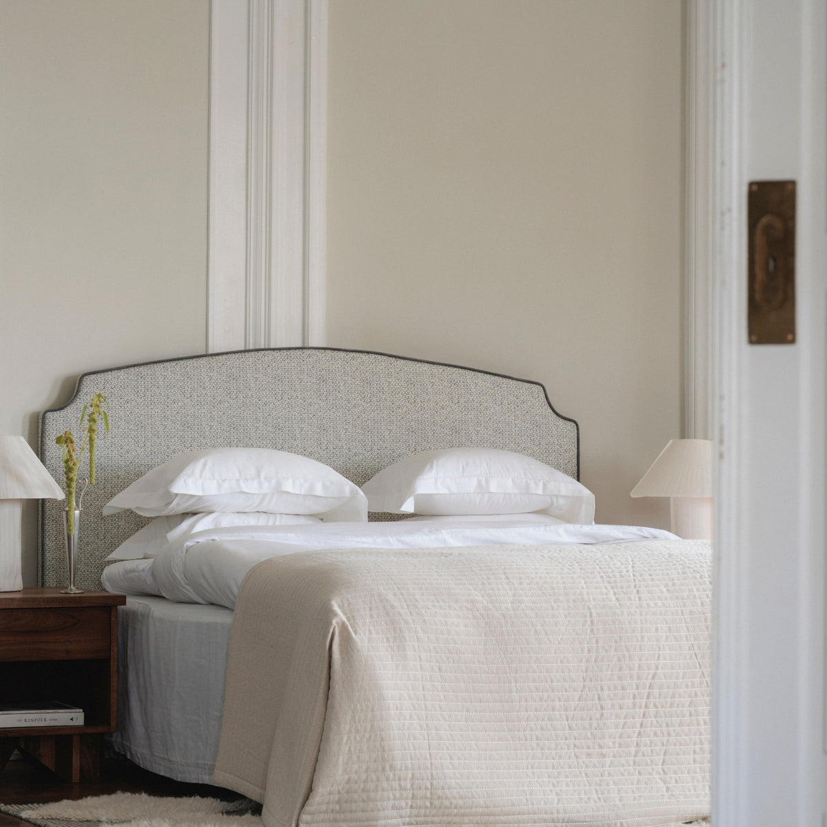 The Residence headboard in Shaded Shale with Snow White bedding