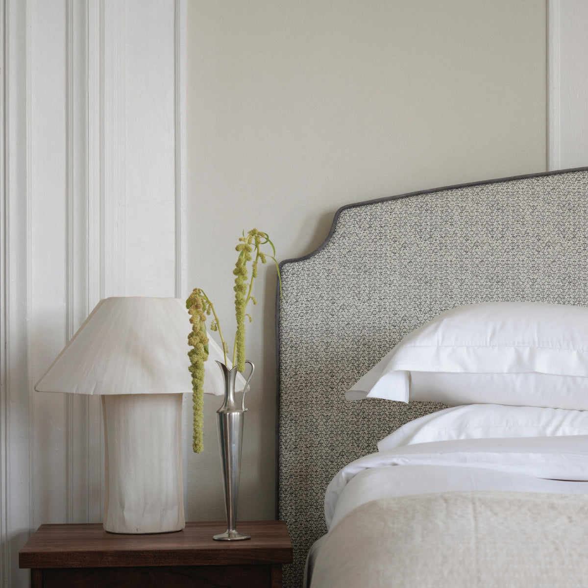 The Residence headboard in Shaded Shale, close-up with Snow White bedding