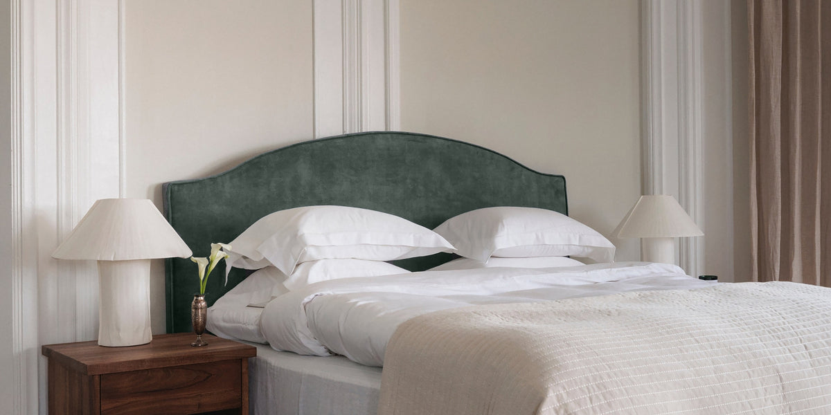 The Headboard in Tuscan Forest velvet, The Grand shape, in a bedroom