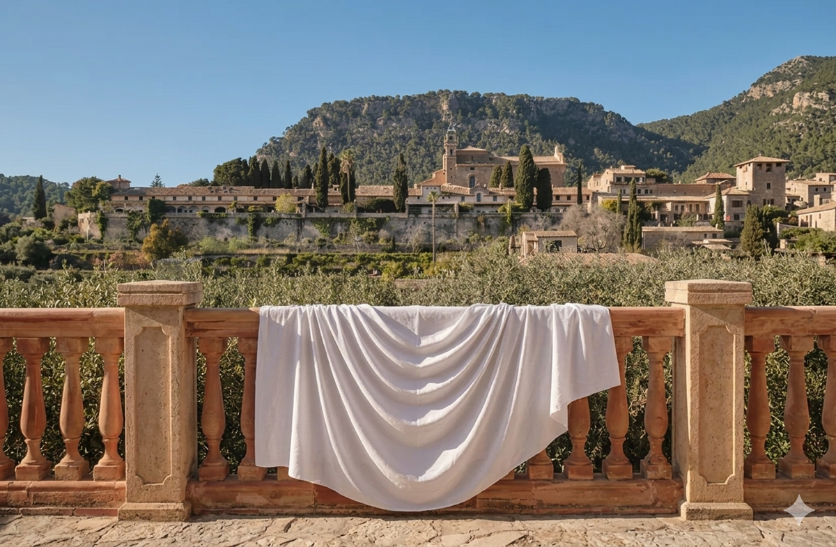 A Tencel Percale sheet draped over a stone balcony overlooking the Mallorcan hills