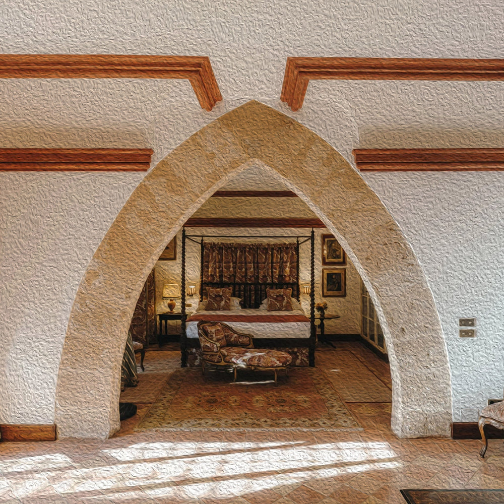 The room, behind its stone portal