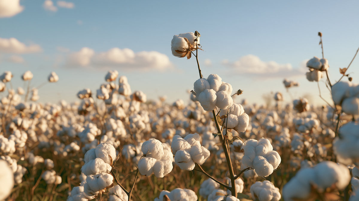 Supima cotton bolls in the field at sunset