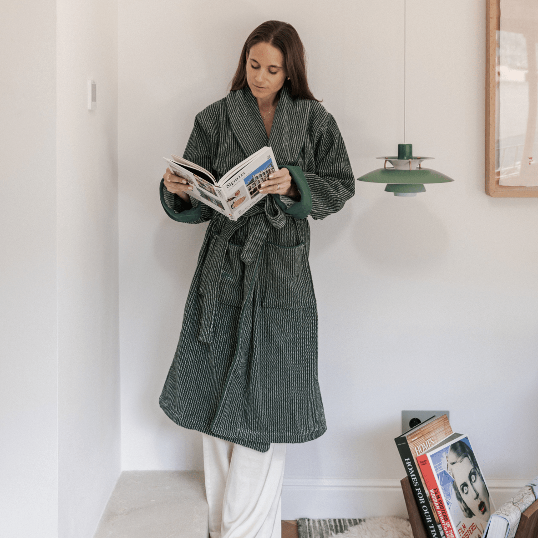 The Finca Bathrobe - Striped Juniper Green - Juniper